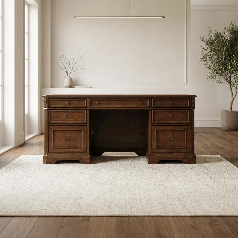 Cherry Veneer Executive Desk, Brown