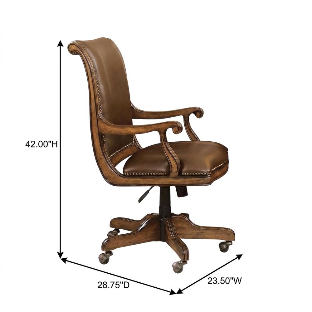 Split Grain Leather High-Back Office Chair with Fixed Arms, Wood Bankers, Brown