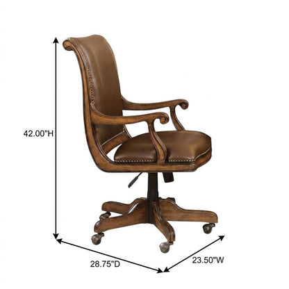 Split Grain Leather High-Back Office Chair with Fixed Arms, Wood Bankers, Brown