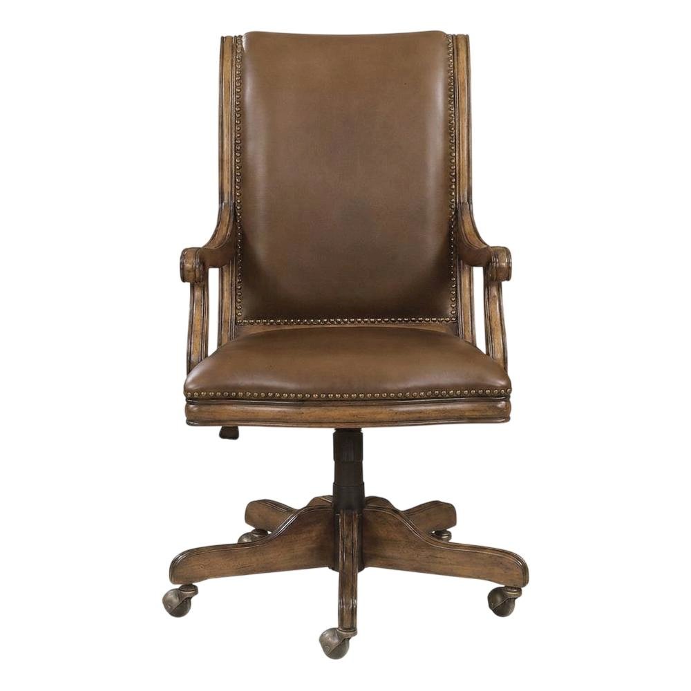 Split Grain Leather High-Back Office Chair with Fixed Arms, Wood Bankers, Brown