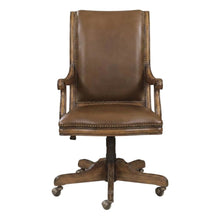 Split Grain Leather High-Back Office Chair with Fixed Arms, Wood Bankers, Brown