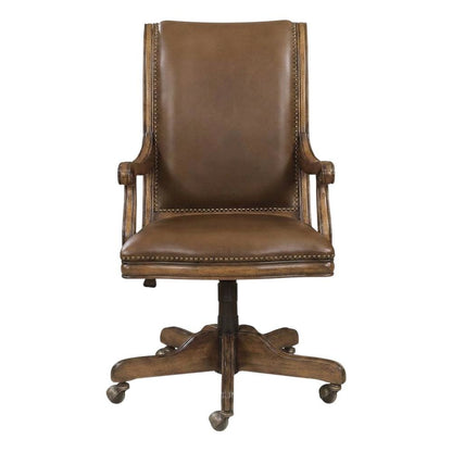 Split Grain Leather High-Back Office Chair with Fixed Arms, Wood Bankers, Brown