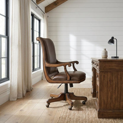 Split Grain Leather High-Back Office Chair with Fixed Arms, Wood Bankers, Brown