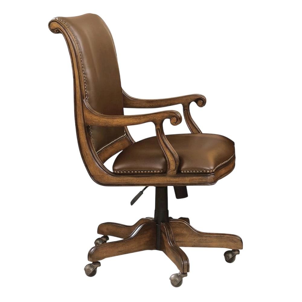 Split Grain Leather High-Back Office Chair with Fixed Arms, Wood Bankers, Brown