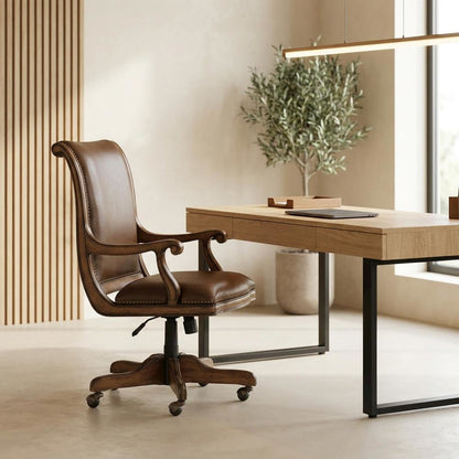 Split Grain Leather High-Back Office Chair with Fixed Arms, Wood Bankers, Brown