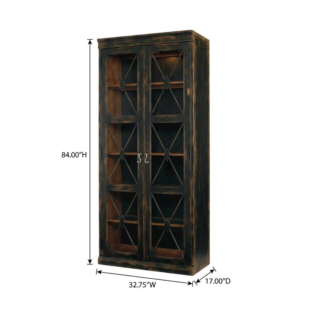 Oak Veneer and Glass Two-Door Curio Display Cabinet with Storage, Black