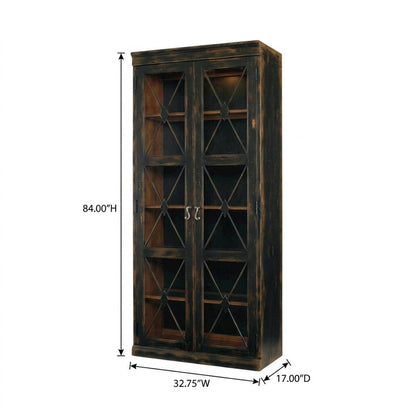 Oak Veneer and Glass Two-Door Curio Display Cabinet with Storage, Black