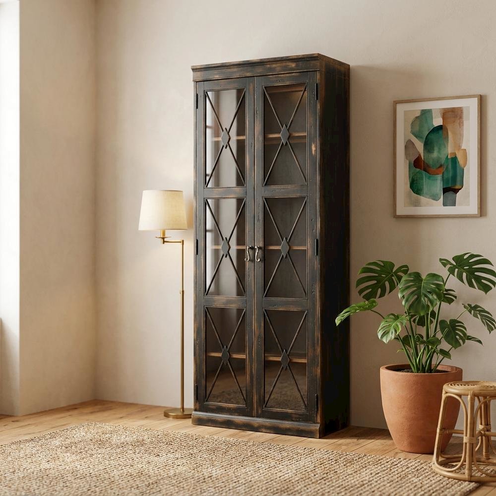 Oak Veneer and Glass Two-Door Curio Display Cabinet with Storage, Black