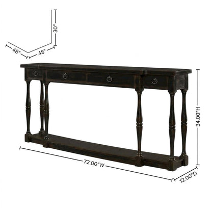Oak Veneer Console Table with Four Drawers, Narrow Entryway Table, Black