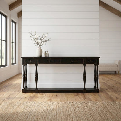 Oak Veneer Console Table with Four Drawers, Narrow Entryway Table, Black