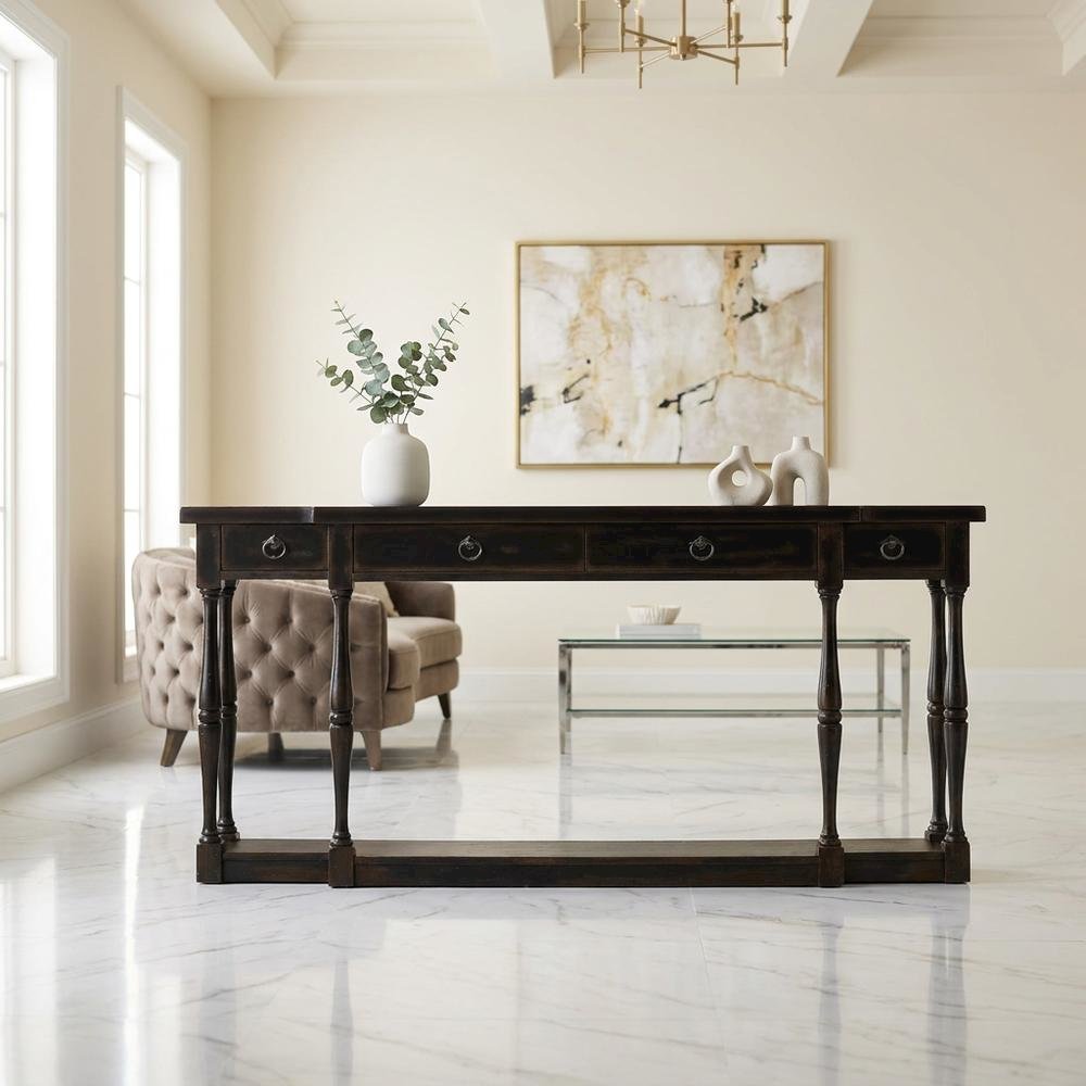 Oak Veneer Console Table with Four Drawers, Narrow Entryway Table, Black