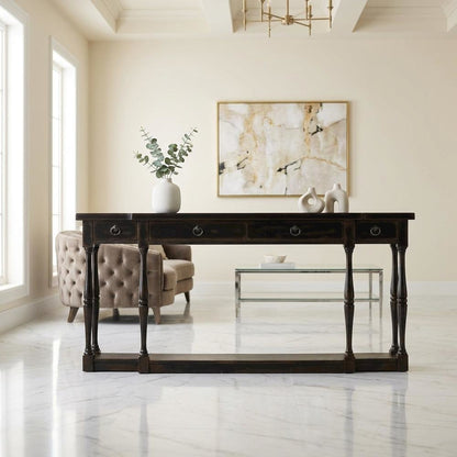 Oak Veneer Console Table with Four Drawers, Narrow Entryway Table, Black