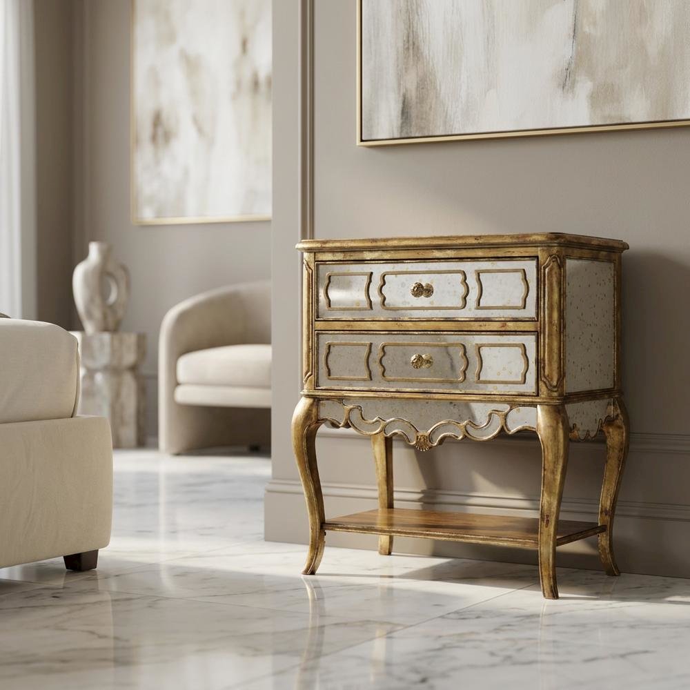 Birch Veneer Nightstand, Gold