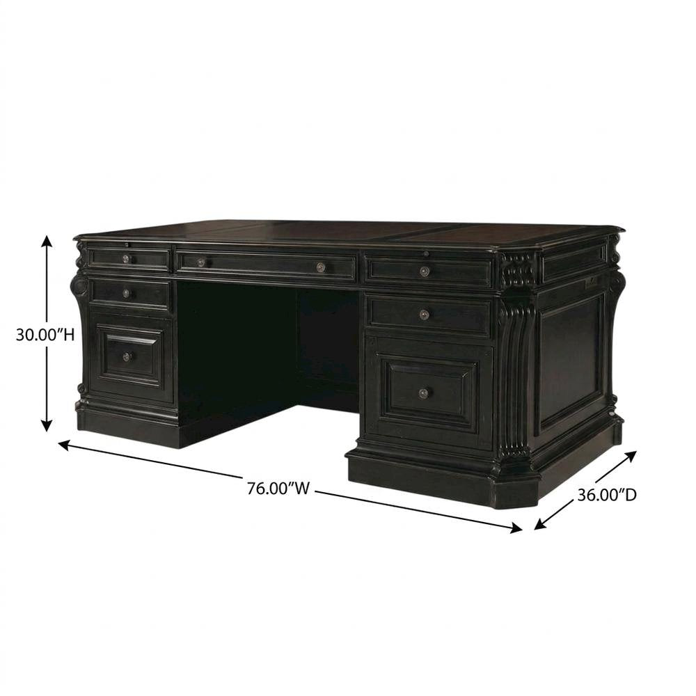 Cherry Veneer Executive Desk, Leather Panels and Nailhead Trim, Black