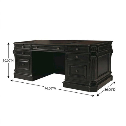 Cherry Veneer Executive Desk, Leather Panels and Nailhead Trim, Black