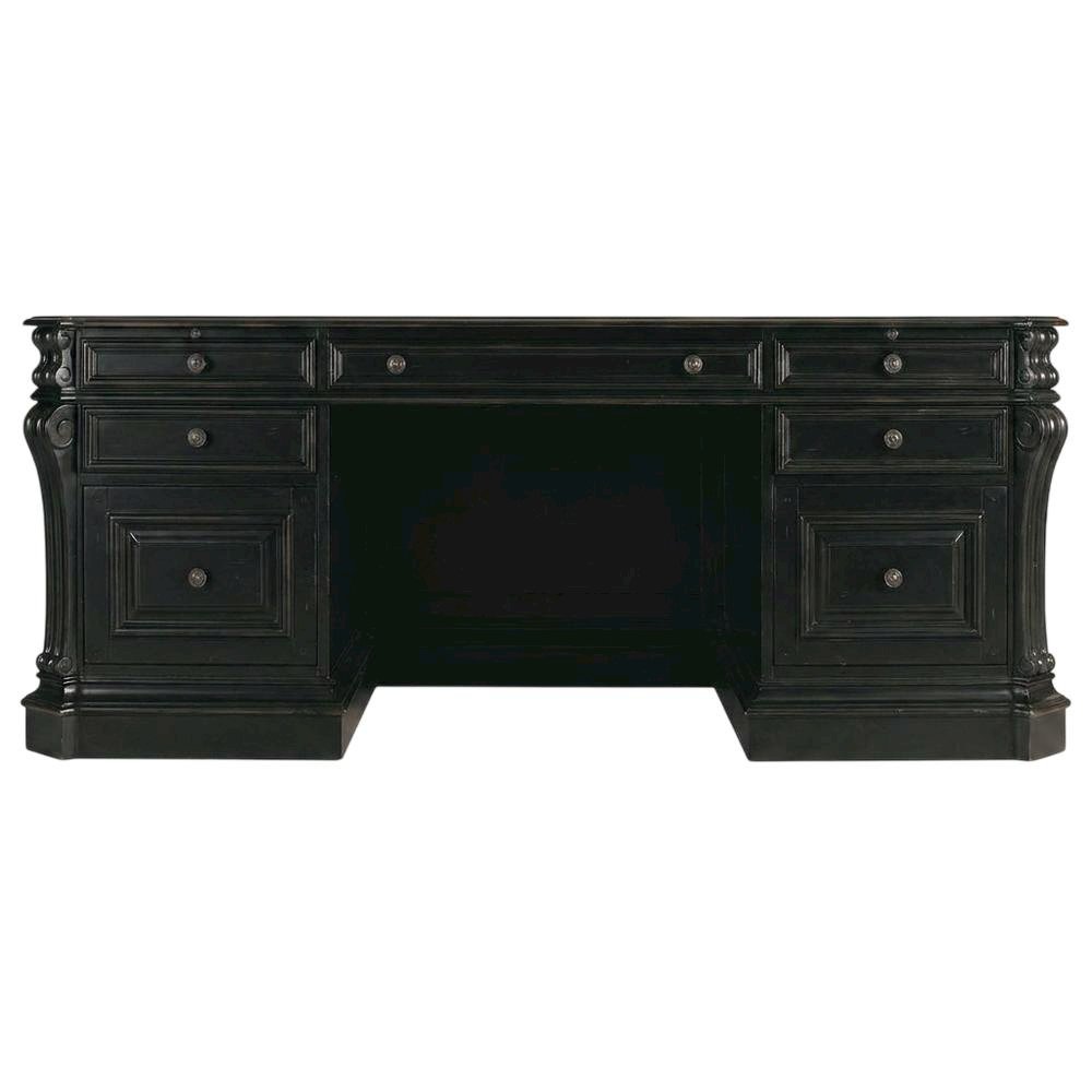 Cherry Veneer Executive Desk, Leather Panels and Nailhead Trim, Black