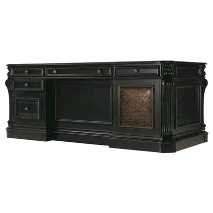 Cherry Veneer Executive Desk, Leather Panels and Nailhead Trim, Black