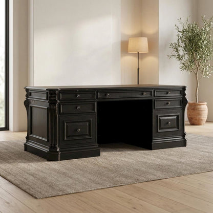 Cherry Veneer Executive Desk, Leather Panels and Nailhead Trim, Black