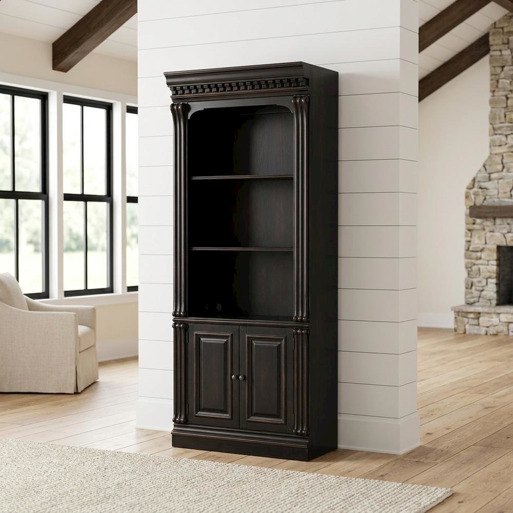 Cherry Veneer Tall Bookcase with Open Shelves, Black