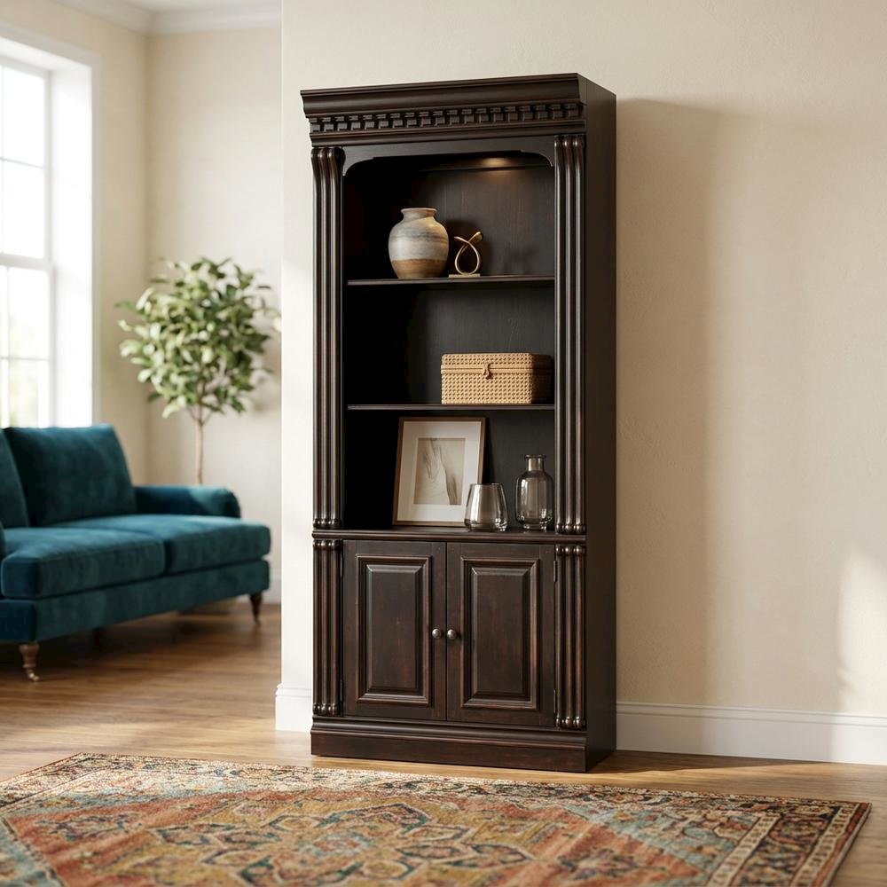 Cherry Veneer Tall Bookcase with Open Shelves, Black