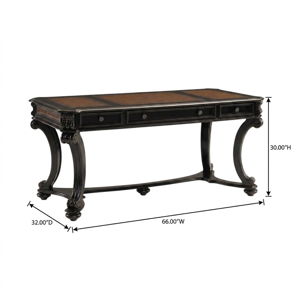 Cherry Veneer Writing Desk with Nailhead Trim and Drawers for Home Office, Black