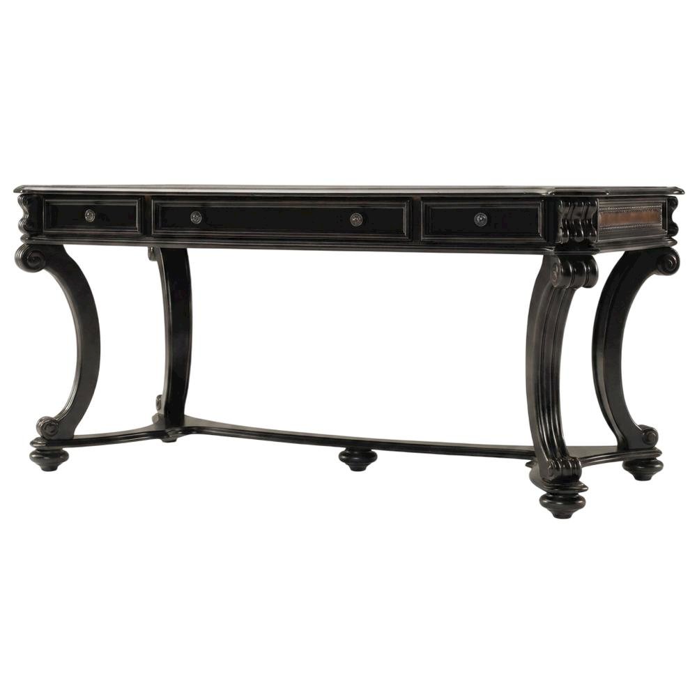 Cherry Veneer Writing Desk with Nailhead Trim and Drawers for Home Office, Black