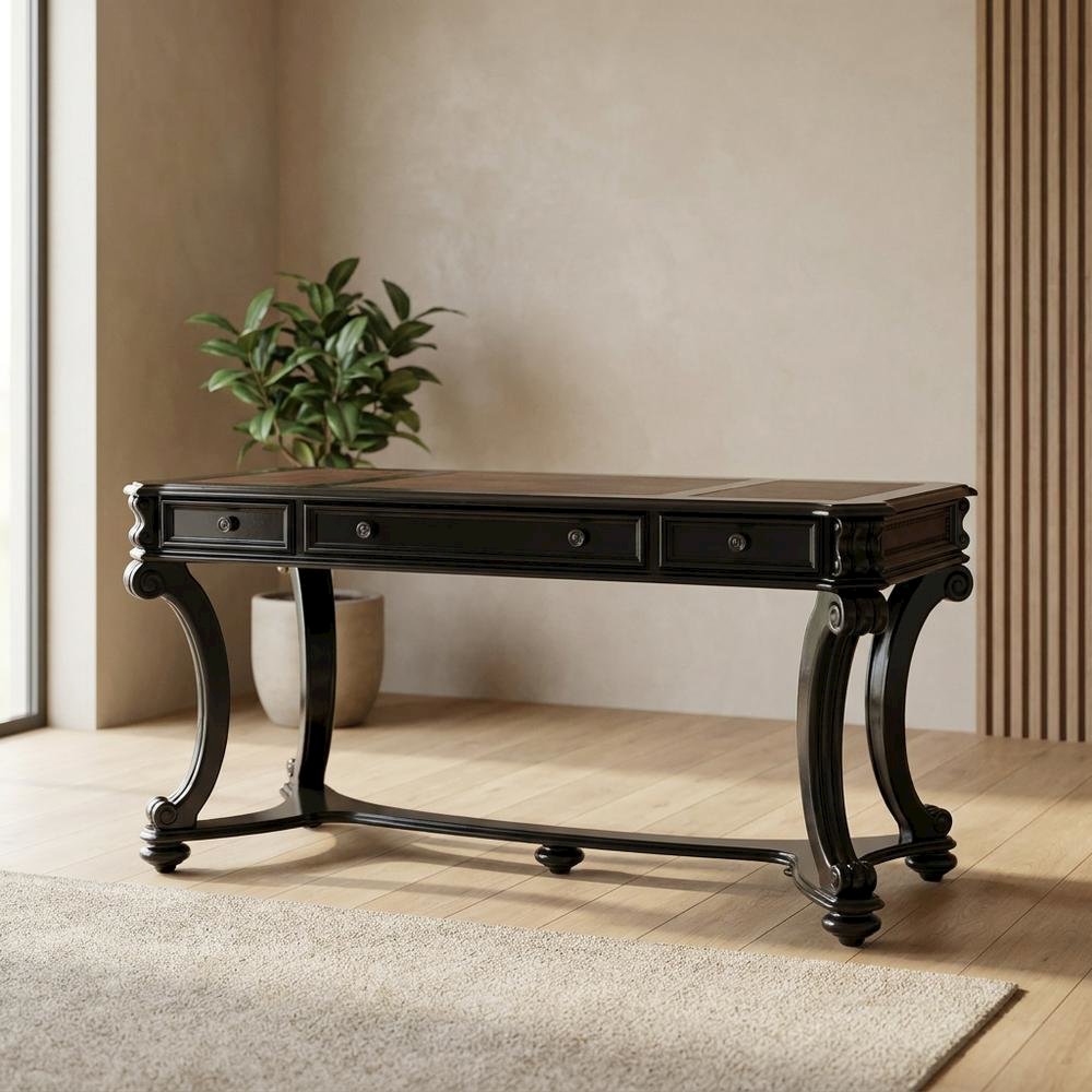 Cherry Veneer Writing Desk with Nailhead Trim and Drawers for Home Office, Black