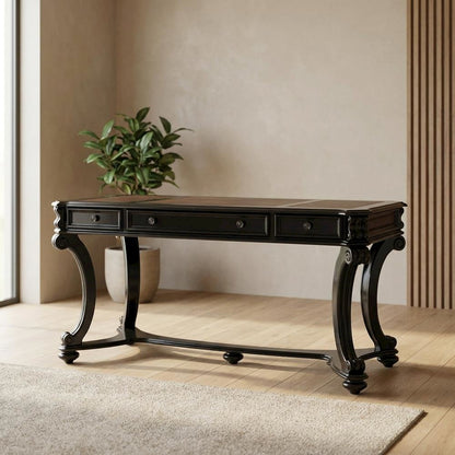 Cherry Veneer Writing Desk with Nailhead Trim and Drawers for Home Office, Black