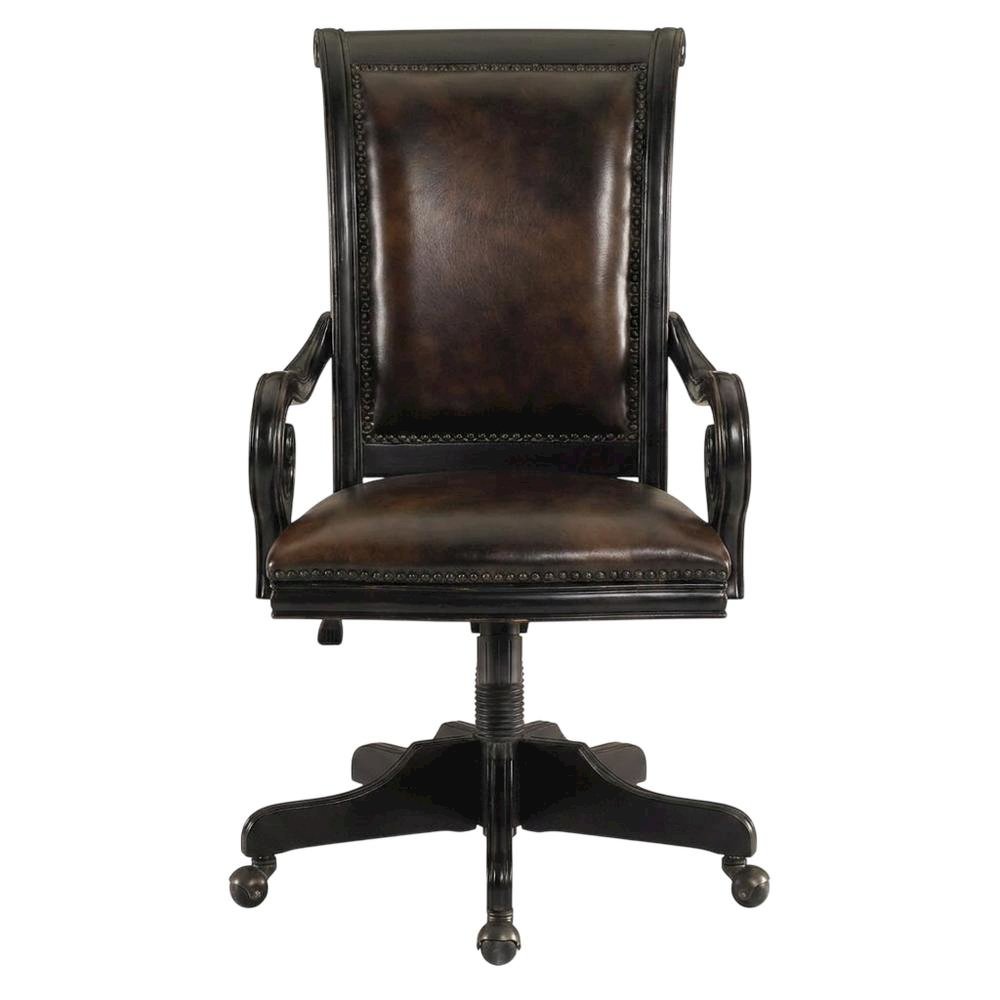 Leather High-Back Executive Office Chair with Nailhead Trim and Swivel, Black