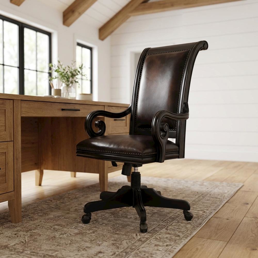 Leather High-Back Executive Office Chair with Nailhead Trim and Swivel, Black