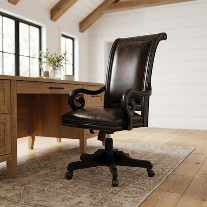 Leather High-Back Executive Office Chair with Nailhead Trim and Swivel, Black