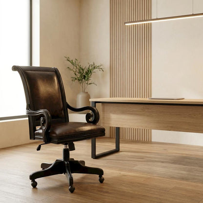 Leather High-Back Executive Office Chair with Nailhead Trim and Swivel, Black