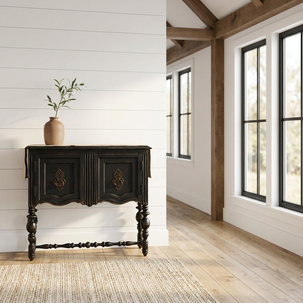 Birch Veneer Storage Chest with Distressed-Finish Detail for Entryway, Black