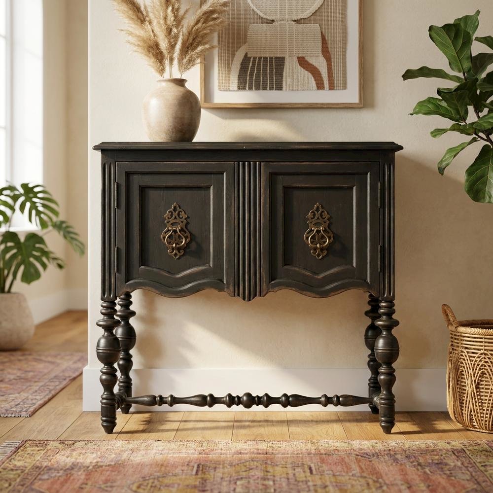Birch Veneer Storage Chest with Distressed-Finish Detail for Entryway, Black