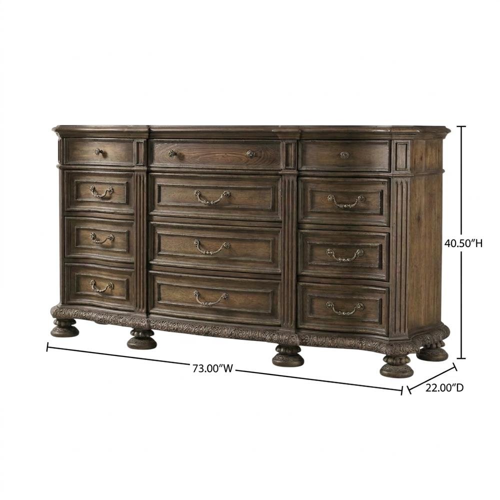 Pecan Veneer Wide Dresser, Traditional Rustic Finish with Storage, Brown