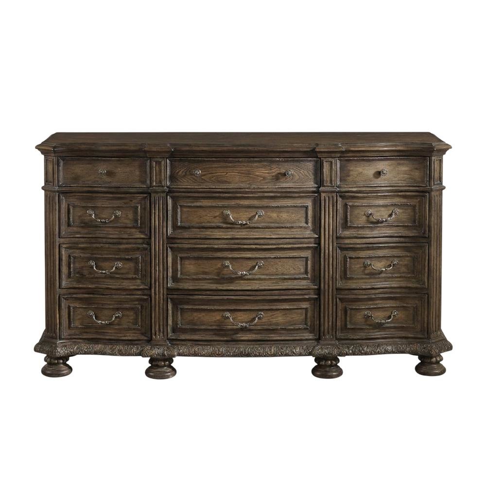 Pecan Veneer Wide Dresser, Traditional Rustic Finish with Storage, Brown