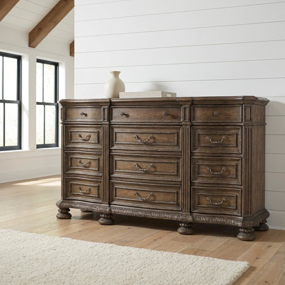 Pecan Veneer Wide Dresser, Traditional Rustic Finish with Storage, Brown