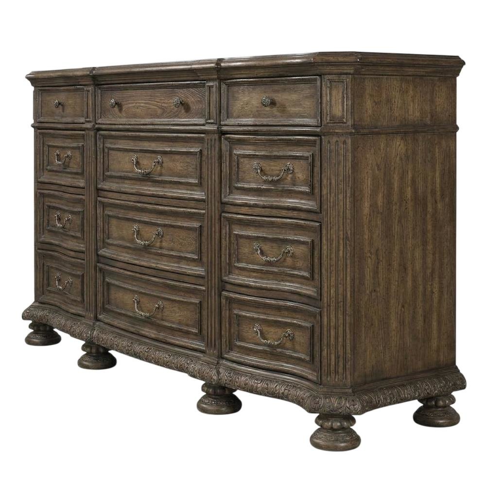 Pecan Veneer Wide Dresser, Traditional Rustic Finish with Storage, Brown