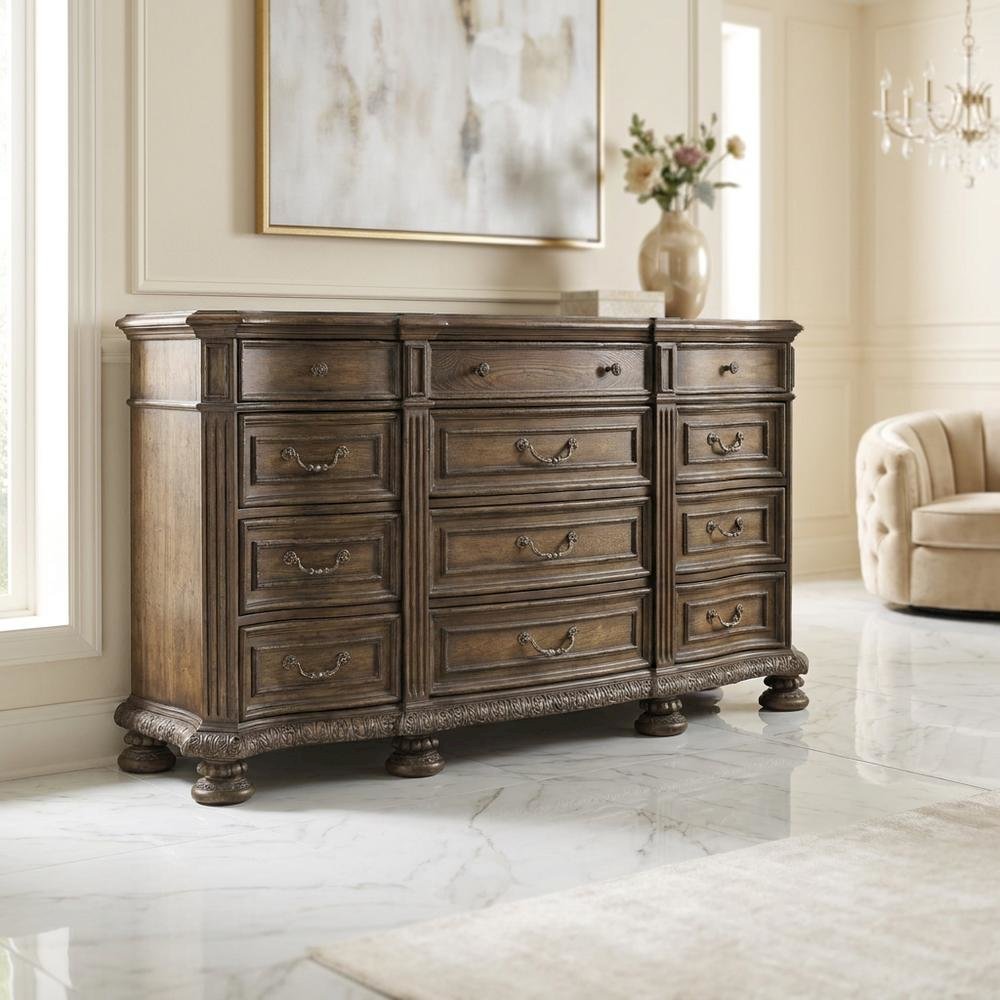Pecan Veneer Wide Dresser, Traditional Rustic Finish with Storage, Brown