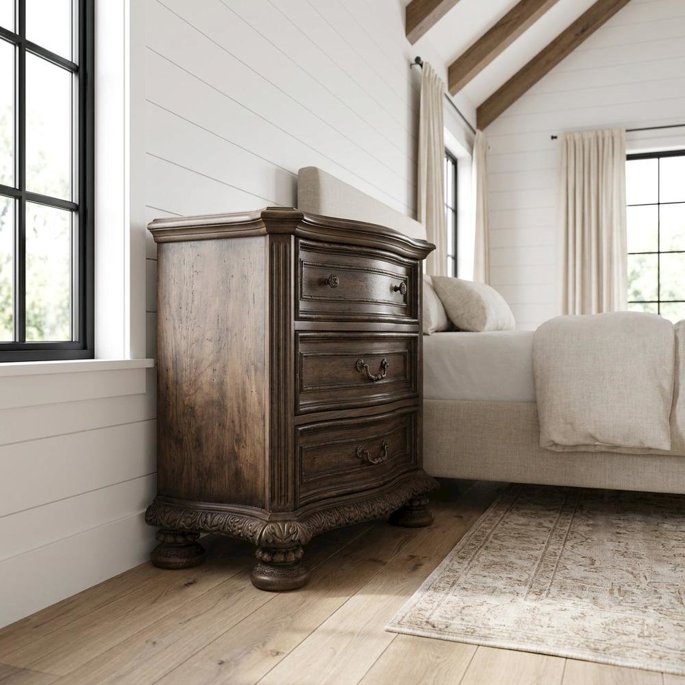Pecan Veneer Wood Nightstand with Drawers, Rustic Walnut Bedside Table, Brown
