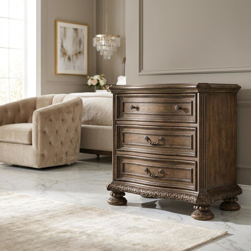 Pecan Veneer Wood Nightstand with Drawers, Rustic Walnut Bedside Table, Brown