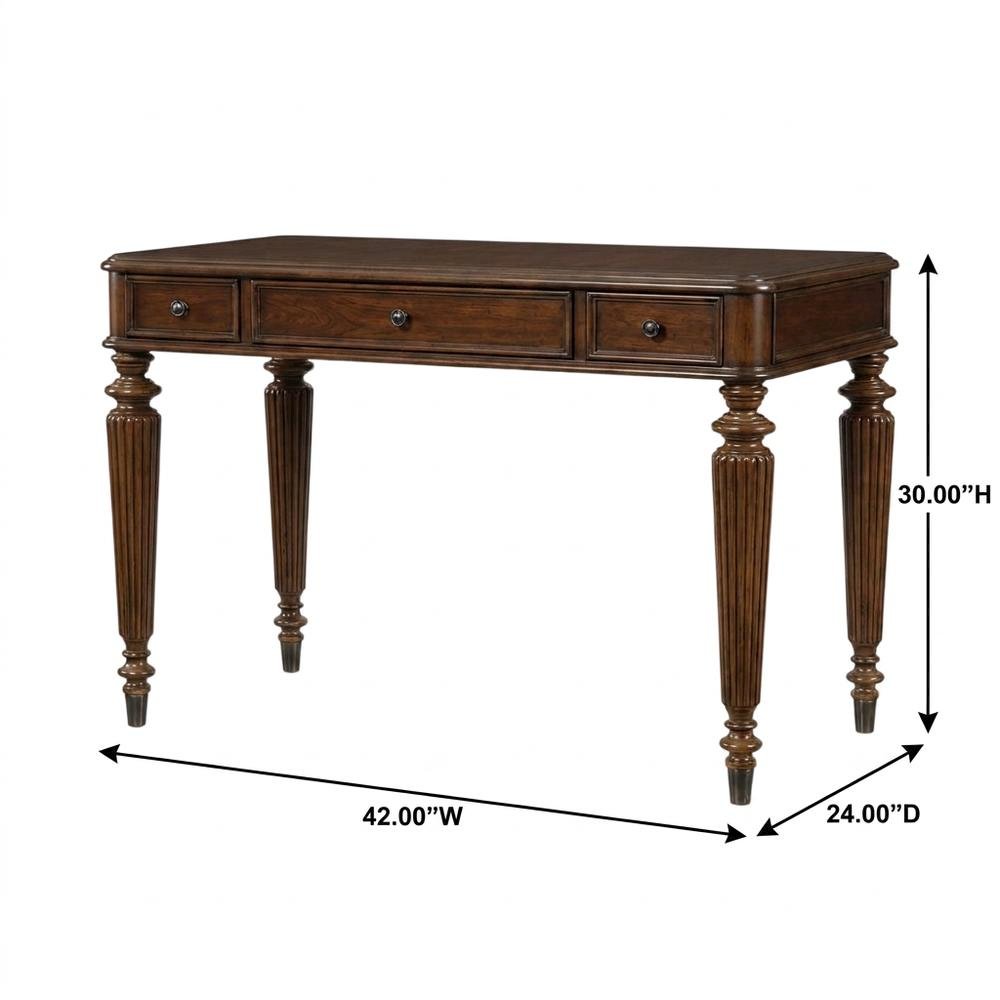 Cherry Veneer Writing Desk with 3 Drawers, Distressed-Finish, Brown