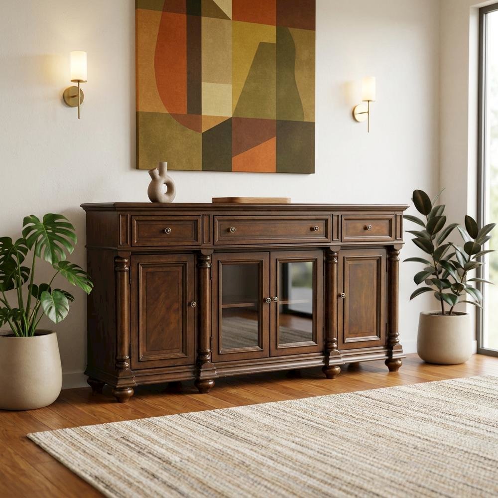 Mahogany Veneer Buffet with Distressed Cathedral Swirl Finish, Drawers, Brown