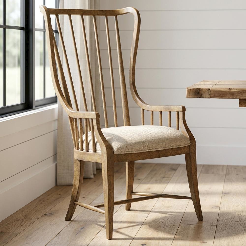 Fabric-Upholstered Dining Chair with Tall Spindle Arms and Wood Frames, Brown