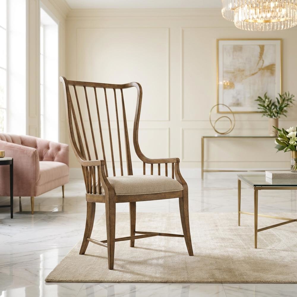 Fabric-Upholstered Dining Chair with Tall Spindle Arms and Wood Frames, Brown