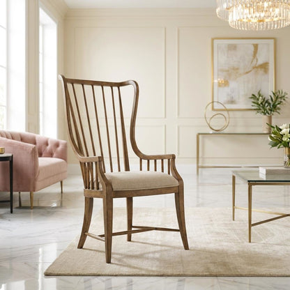 Fabric-Upholstered Dining Chair with Tall Spindle Arms and Wood Frames, Brown