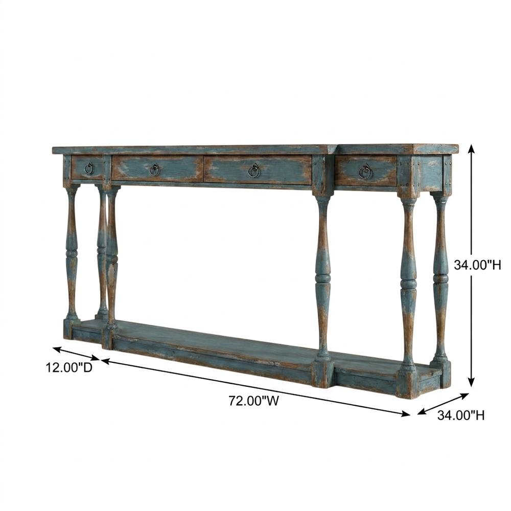 Pecky Pecan Veneer Entryway Console Table with Four Drawers with Storage, Blue