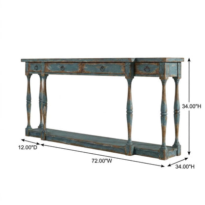 Pecky Pecan Veneer Entryway Console Table with Four Drawers with Storage, Blue