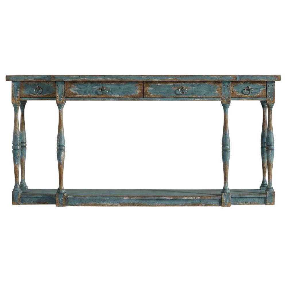Pecky Pecan Veneer Entryway Console Table with Four Drawers with Storage, Blue
