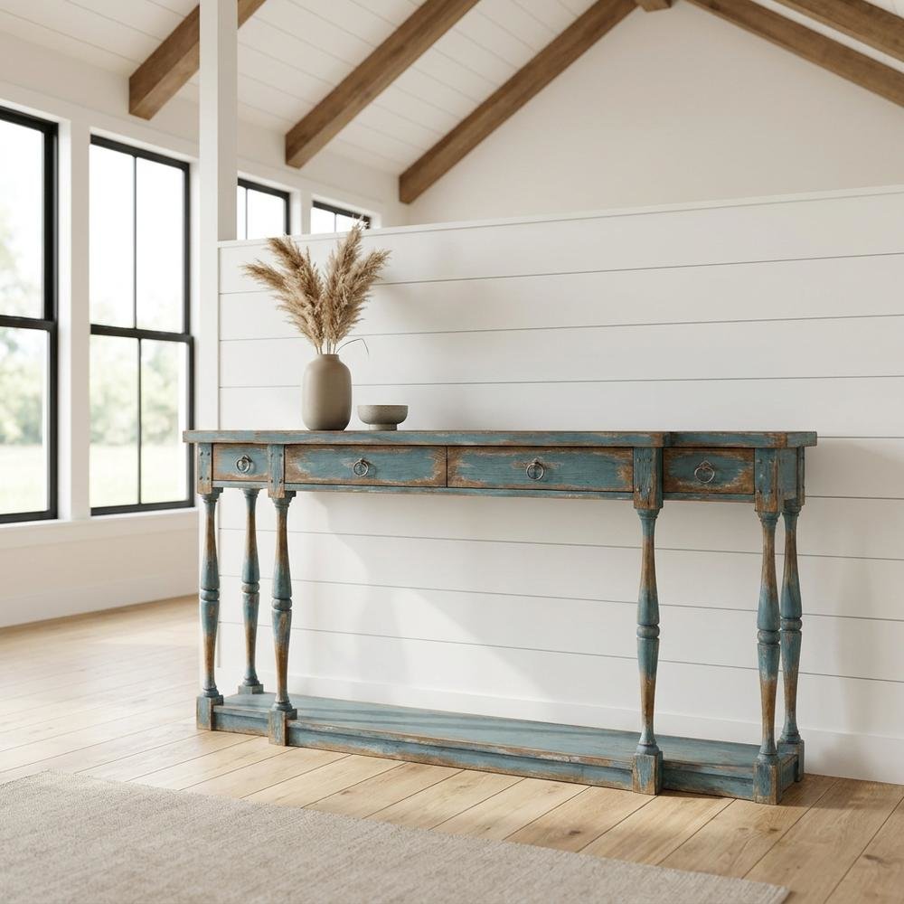 Pecky Pecan Veneer Entryway Console Table with Four Drawers with Storage, Blue